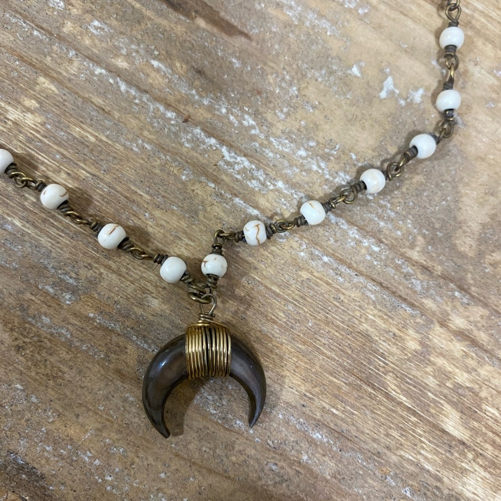 Raw & Rebellious Gold and Brown Crescent Pendant Necklace